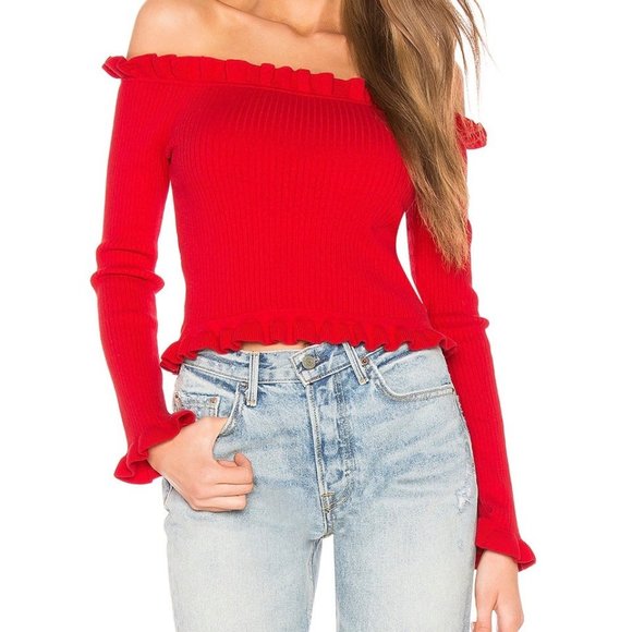 Parker Gyladyce Off Shoulder Ruffle Trim Knit Sweater Strawberry Red size Large - Picture 1 of 12